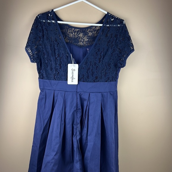 Sucrefas Blue Hi-Lo Dress with Lace Neckline - Picture 2 of 11